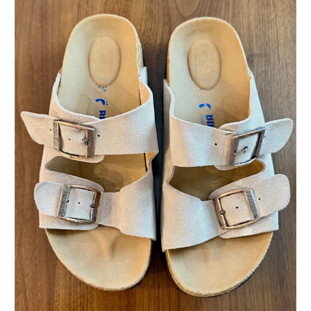Birkenstock Women’s 7 Beige Suede Two Strap Buckle Slide Sandal Logo
